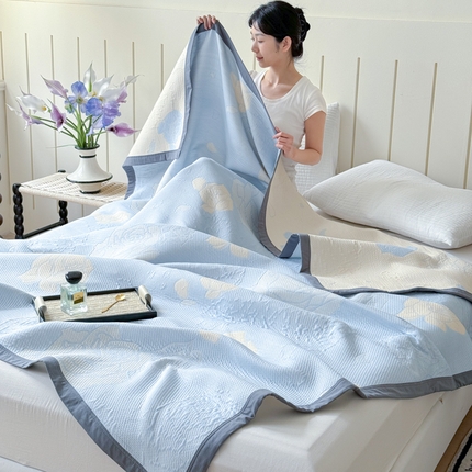 2025新款A类纯棉针织三层纱提花多功能毯 蓝色-玫瑰