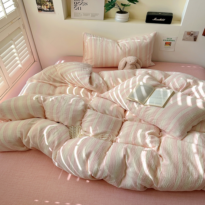 91家纺网 家纺一手货源 找家纺 田野2025新款全棉皱皱纱四件套 半夏-粉