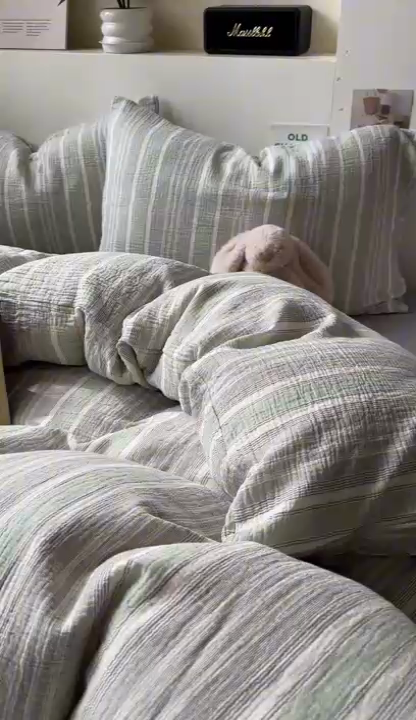 91家纺网 家纺一手货源 找家纺 田野2025新款全棉皱皱纱四件套 小半-亚麻棕