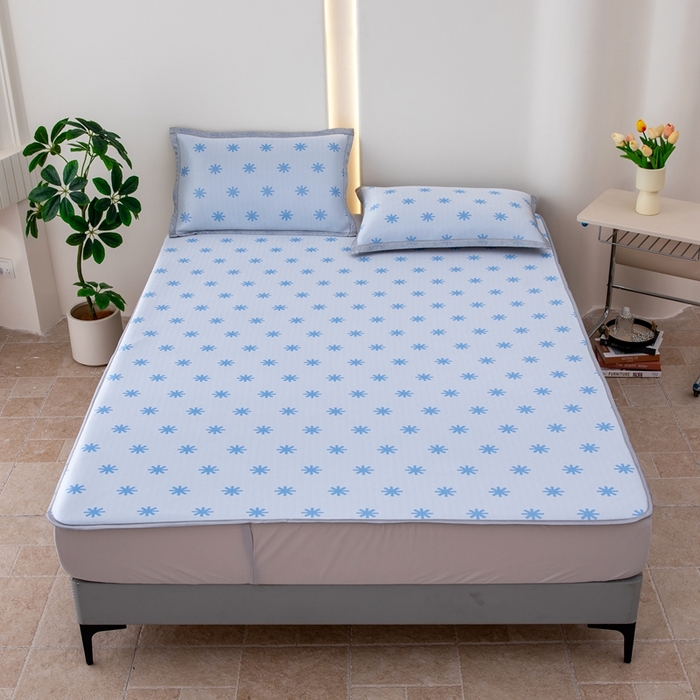 91家纺网 家纺一手货源 找家纺 凌云家纺  2025新款提花凉感冰丝席床笠款三明治凉席三件套 雪漾-蓝