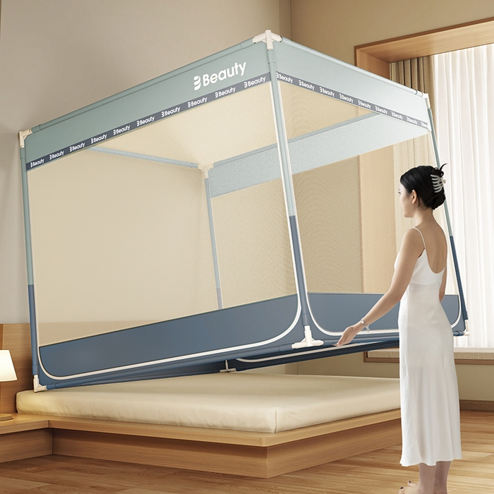 91家纺网 家纺一手货源 找家纺 青竹苑 2025新款无印字母三门坐床床笠底防摔蚊帐 蓝灰