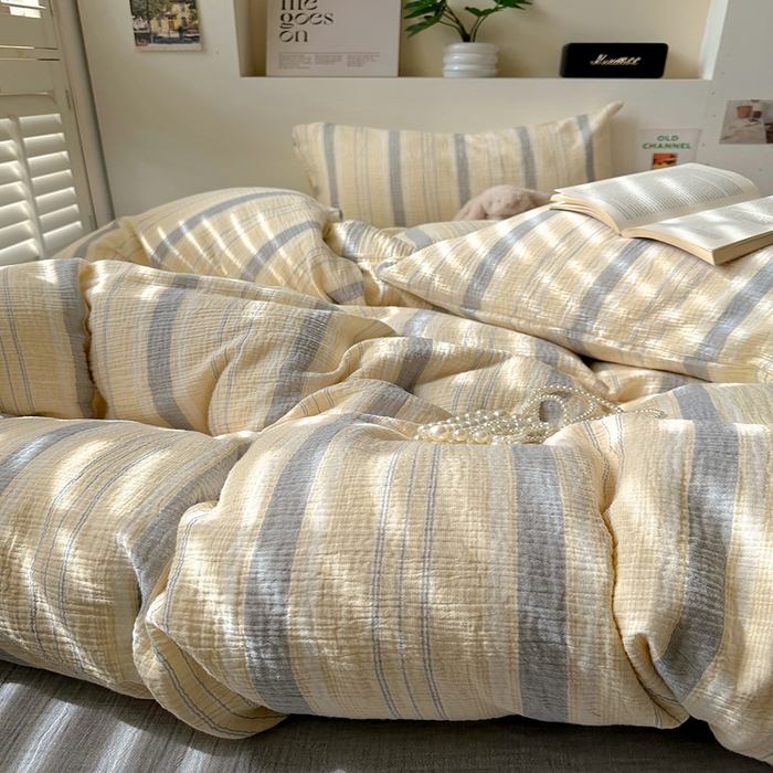 91家纺网 家纺一手货源 找家纺 田野2025新款全棉皱皱纱四件套 时予-黄灰