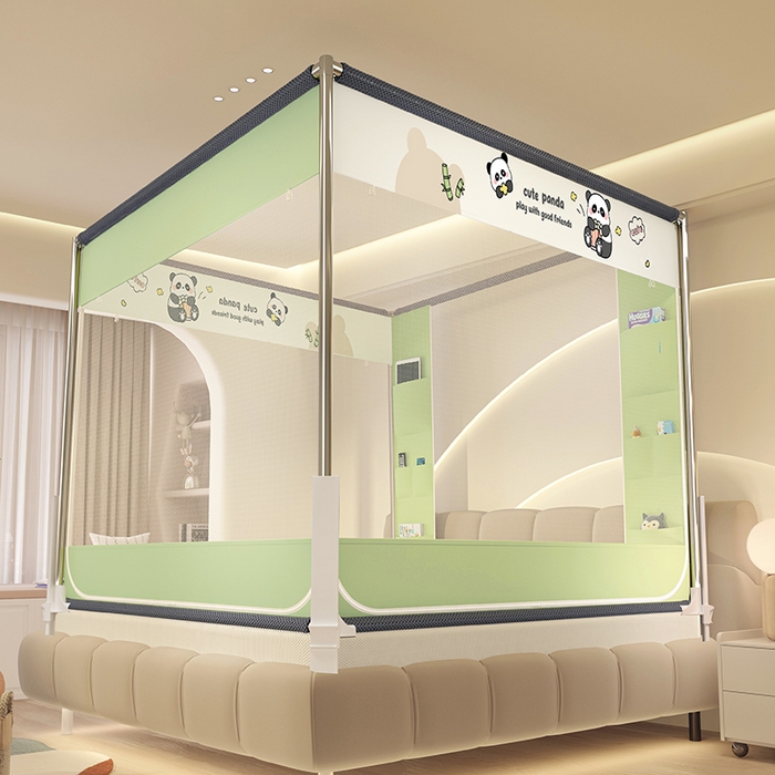 91家纺网 家纺一手货源 找家纺 青竹苑 2025新款围栏支架口袋款坐床防摔蚊帐 可爱熊猫