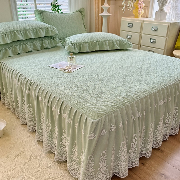 91家纺网 家纺一手货源 找家纺 2025新款A类华夫格大豆棉床裙四件套-梦幻花园 梦幻花园-绿