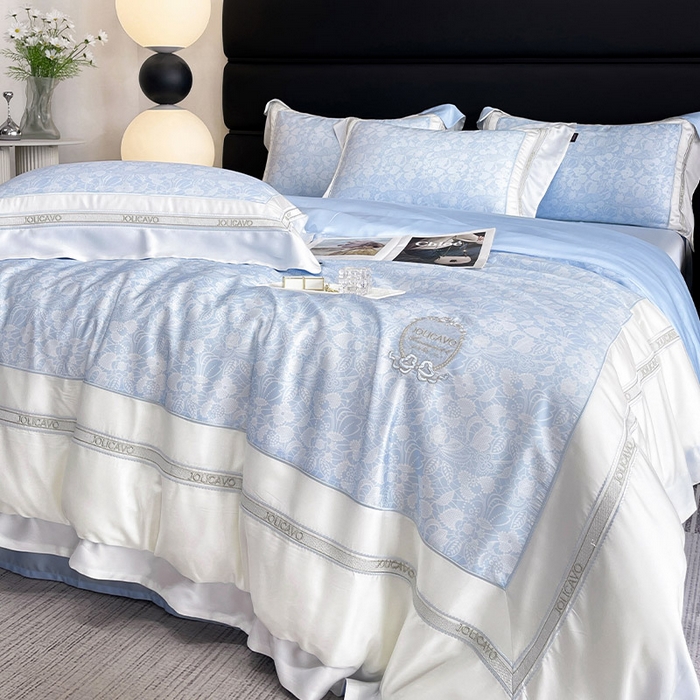 91家纺网 家纺一手货源 找家纺 高端轻奢A类母婴级兰精天丝全工艺刺绣四件套高端真丝夏季丝滑裸睡床上用品  维曼-香颂蓝