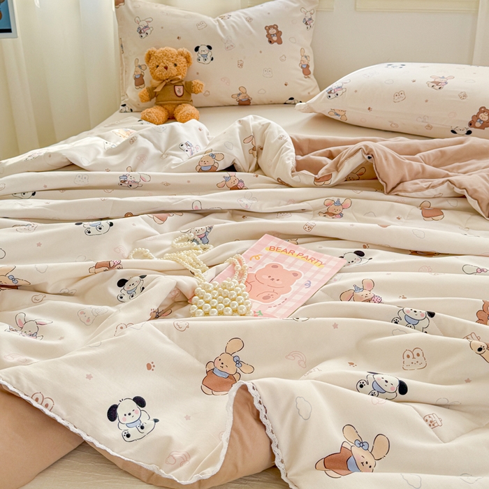 91家纺网 家纺一手货源 找家纺 慕尚家纺 2025新款水洗棉花边工艺羽丝棉卡通系列夏被 吖咪兔