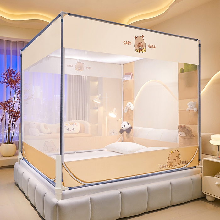 91家纺网 家纺一手货源 找家纺 青竹苑 2025新款围栏支架口袋款坐床防摔蚊帐 卡皮巴拉