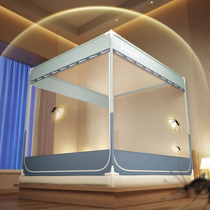 91家纺网 家纺一手货源 找家纺 青竹苑 2025新款无印字母三门坐床床笠底防摔蚊帐 蓝灰