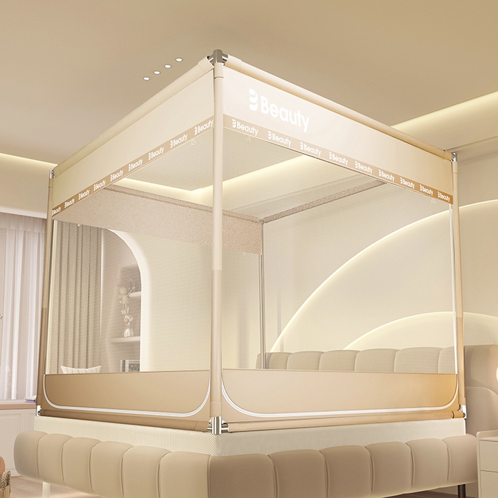 91家纺网 家纺一手货源 找家纺 青竹苑 2025新款无印字母三门坐床床笠底防摔蚊帐 米杏