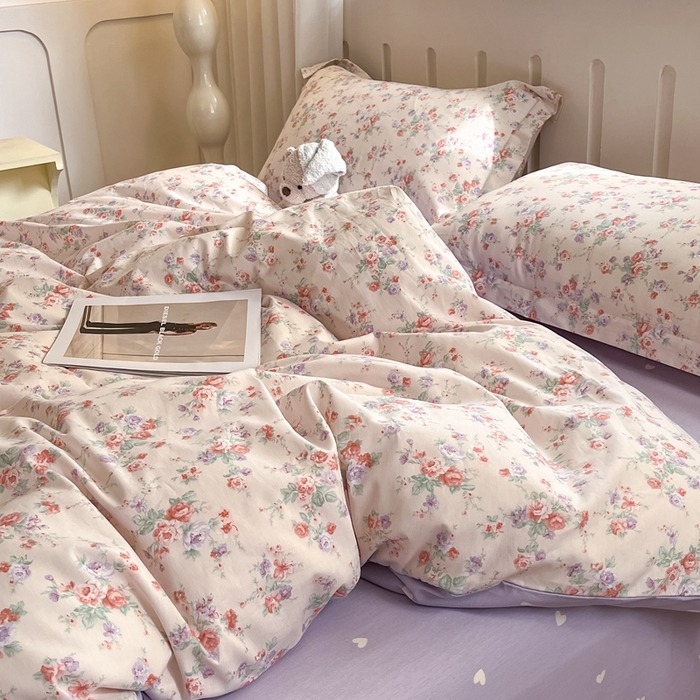 91家纺网 家纺一手货源 找家纺 大吉 2025新款100全棉纯棉喷气小清新被套四件套纯棉三件套床笠四件套单被套单枕套 花语蔷薇