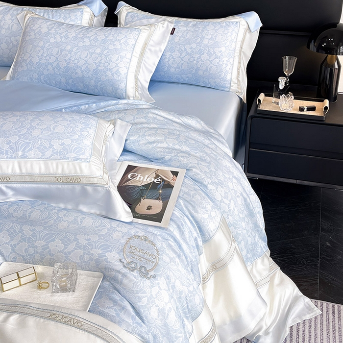 91家纺网 家纺一手货源 找家纺 高端轻奢A类母婴级兰精天丝全工艺刺绣四件套高端真丝夏季丝滑裸睡床上用品  维曼-香颂蓝