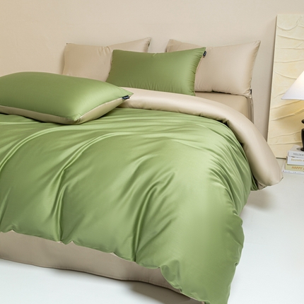 舒慕家纺 2025新款100s高支贡缎长绒棉纯色四件套双拼四件套（送包装） 香草绿-浅香槟