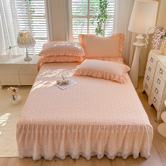 91家纺网 家纺一手货源 找家纺 2025新款A类华夫格大豆棉床裙四件套-梦幻花园 梦幻花园-玉