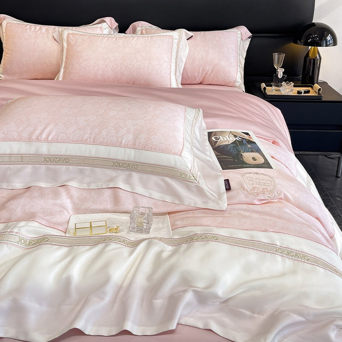 91家纺网 家纺一手货源 找家纺 高端轻奢A类母婴级兰精天丝全工艺刺绣四件套高端真丝夏季丝滑裸睡床上用品  维曼-香颂粉