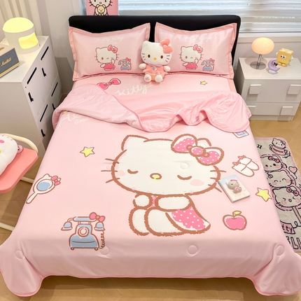 2025新款正版授权A类大版数码印花三丽鸥可机洗1200D冰丝凉席席子凉席可组合针织棉夏被四件套-平铺款 平铺款-晚安KT