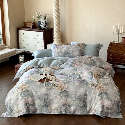 2025春夏新品数码印花60兰精天丝宽边工艺款四件套 莫丽花园-灰