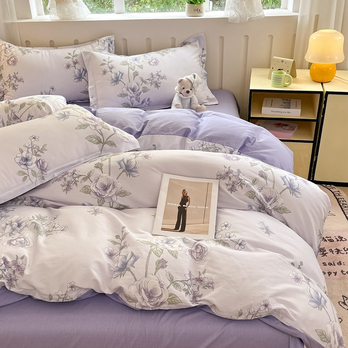 91家纺网 家纺一手货源 找家纺 大吉 2025新款100全棉纯棉喷气小清新被套四件套纯棉三件套床笠四件套单被套单枕套 紫韵