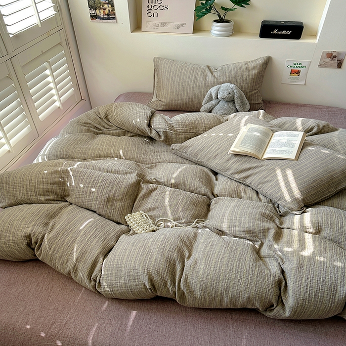 91家纺网 家纺一手货源 找家纺 田野2025新款全棉皱皱纱四件套 小半-亚麻棕