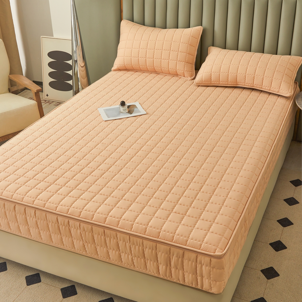 91家纺网 家纺一手货源 找家纺 欧邦 2025新款可拆卸六面全包夹棉床笠 五面夹棉-羊驼色