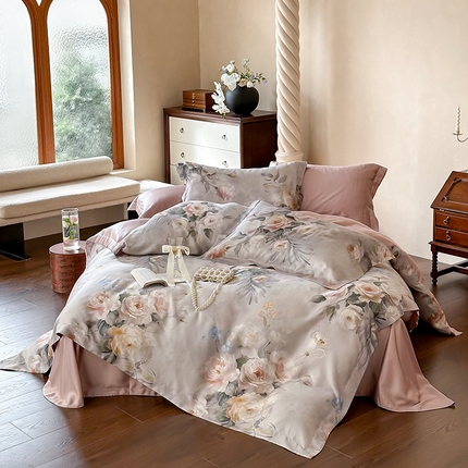 2025春夏新品数码印花60兰精天丝宽边工艺款四件套 倾城-豆沙