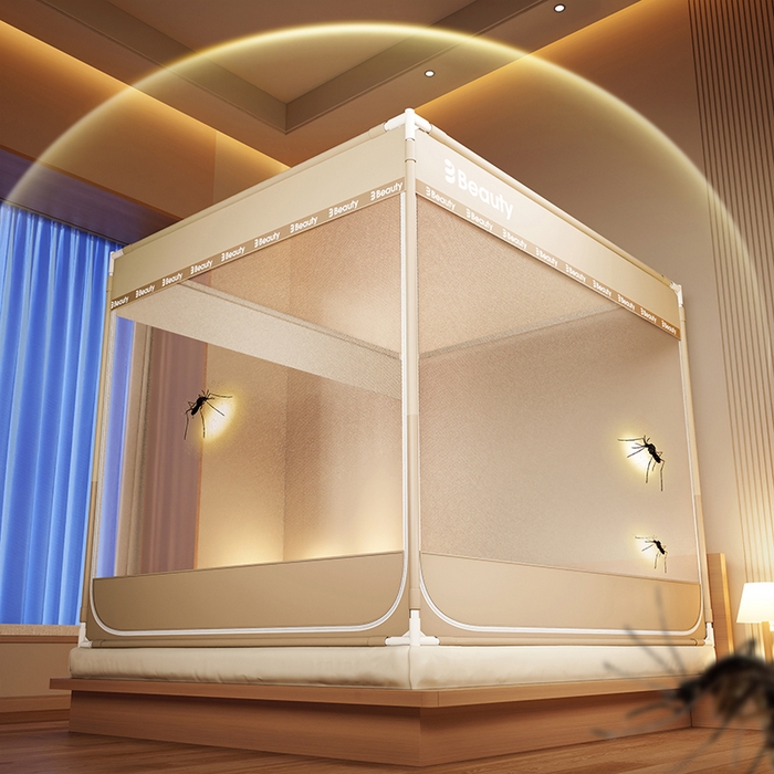 91家纺网 家纺一手货源 找家纺 青竹苑 2025新款无印字母三门坐床床笠底防摔蚊帐 米杏