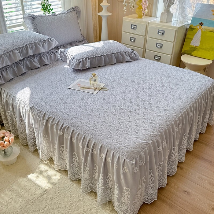 91家纺网 家纺一手货源 找家纺 2025新款A类华夫格大豆棉床裙四件套-梦幻花园 梦幻花园-灰