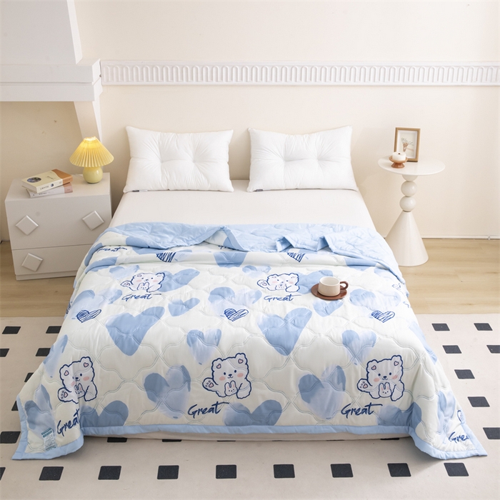 91家纺网 家纺一手货源 找家纺 席万佳 2025新款直播热款印花夏凉被空调被被子被芯水洗棉夏被 爱心蓝