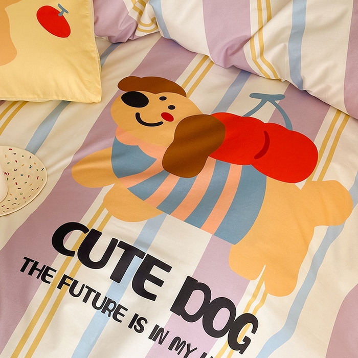 91家纺网 家纺一手货源 找家纺 花言狐语 2025新款全棉13372卡通大版数码印花四件套（提供买家秀） 可爱小狗（紫）