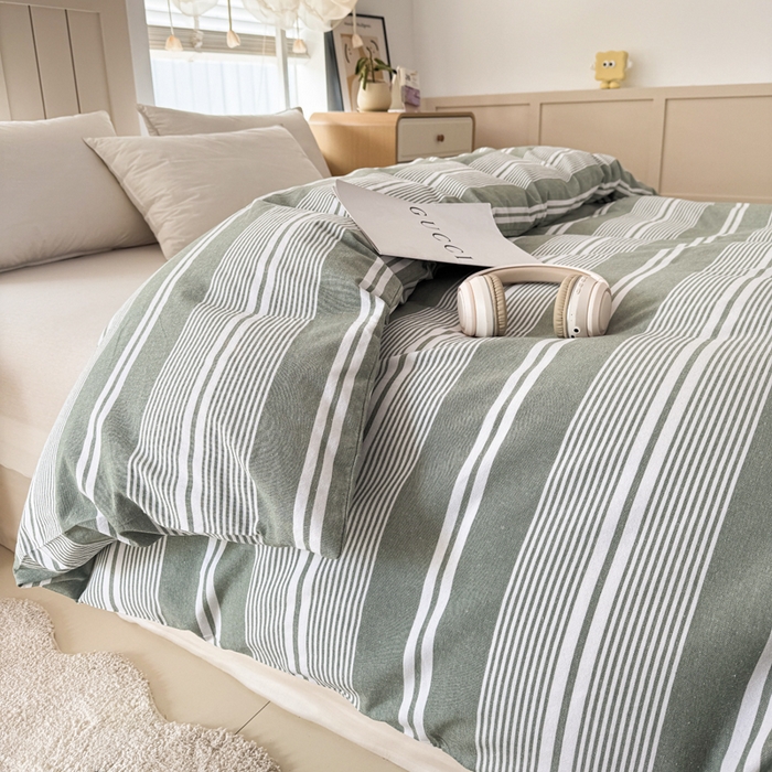 91家纺网 家纺一手货源 找家纺 首爱家纺 2025新款色织老粗布四件套全棉四件套纯棉四件套 绿条