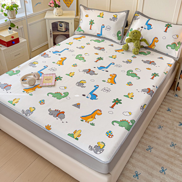 91家纺网 家纺一手货源 找家纺 富馨莱 2025新款床笠款冰藤印花凉席A类抗菌冰丝席支持定制尺寸 恐龙纪元