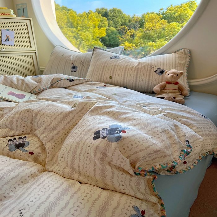 91家纺网 家纺一手货源 找家纺 葡萄家 2025爆款高克重彩色三角针A类针织双层纱四件套 提供买家秀 北鼻象