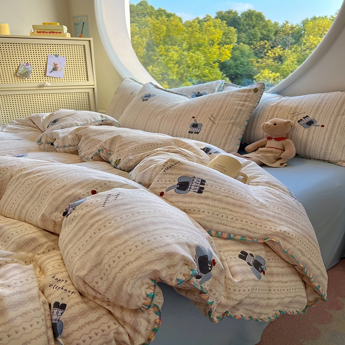 91家纺网 家纺一手货源 找家纺 葡萄家 2025爆款高克重彩色三角针A类针织双层纱四件套 提供买家秀 北鼻象