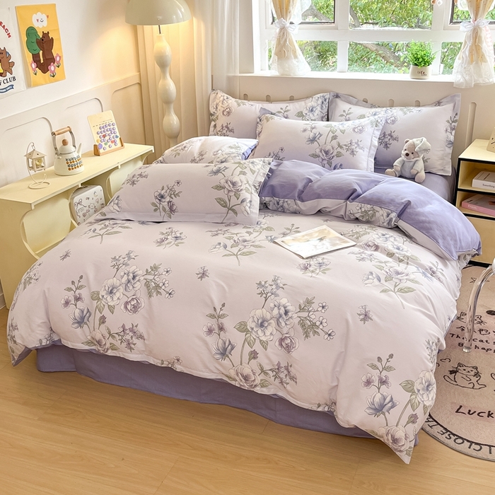 91家纺网 家纺一手货源 找家纺 大吉 2025新款100全棉纯棉喷气小清新被套四件套纯棉三件套床笠四件套单被套单枕套 紫韵