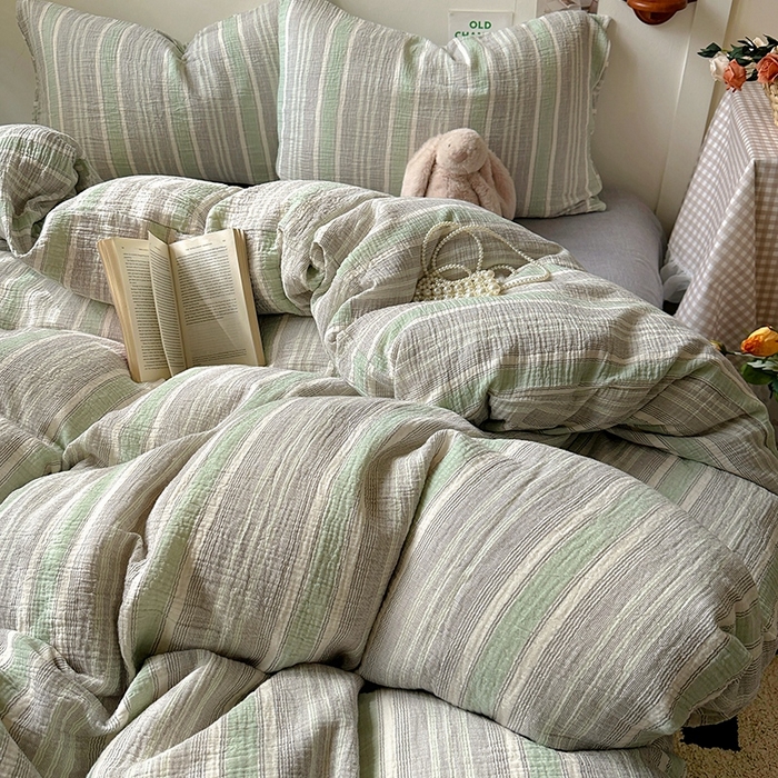 91家纺网 家纺一手货源 找家纺 田野2025新款全棉皱皱纱四件套 时予-灰绿