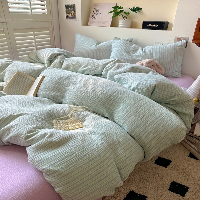 91家纺网 家纺一手货源 找家纺 田野2025新款全棉皱皱纱四件套 小半-绿紫