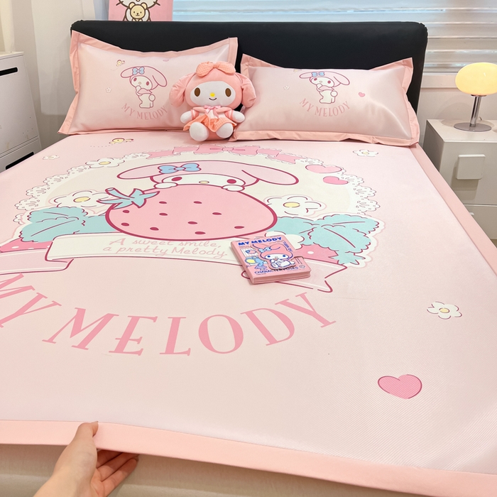 91家纺网 家纺一手货源 找家纺 2025新款正版授权A类大版数码印花三丽鸥可机洗1200D冰丝凉席席子凉席可组合针织棉夏被四件套-平铺款 平铺款-粉兔美乐蒂