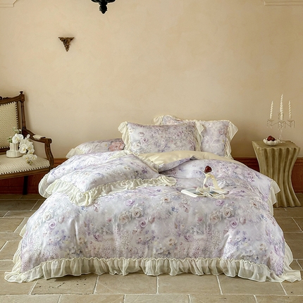 沐晴家纺 2025春夏新品数码印花60兰精天丝云纱四件套 繁夏-紫