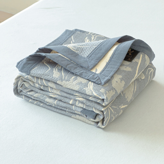 91家纺网 家纺一手货源 找家纺 2025新款A类纯棉针织三层纱提花多功能毯 灰色-序语