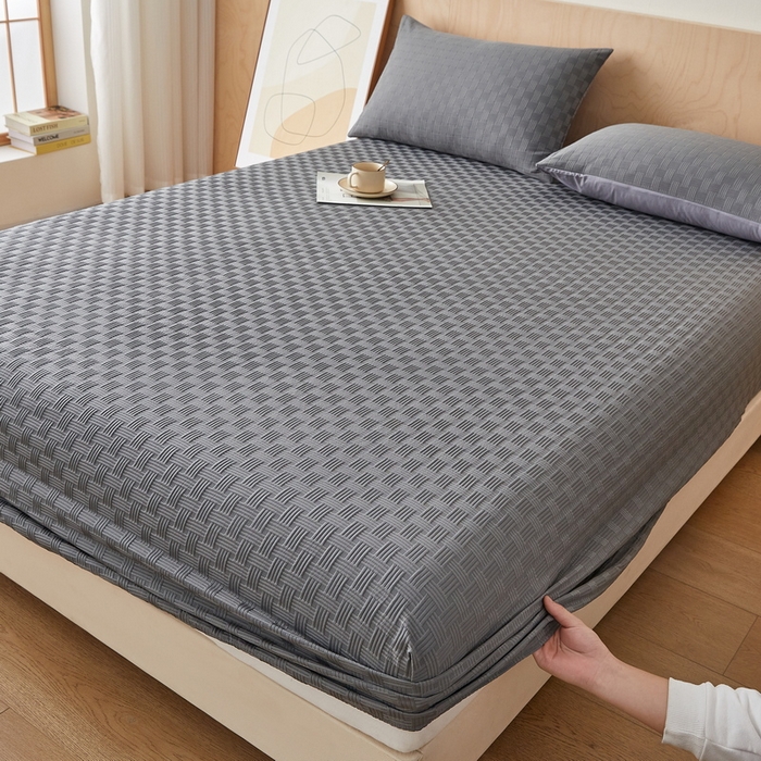 91家纺网 家纺一手货源 找家纺 梦镜2025新款A类亲肤棉华夫格棋盘格防水床笠 华夫格-淡灰