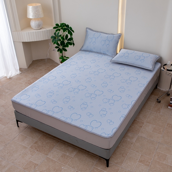 91家纺网 家纺一手货源 找家纺 凌云家纺  2025新款提花凉感冰丝席床笠款三明治凉席三件套 心海-蓝