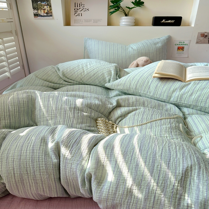 91家纺网 家纺一手货源 找家纺 田野2025新款全棉皱皱纱四件套 小半-绿紫