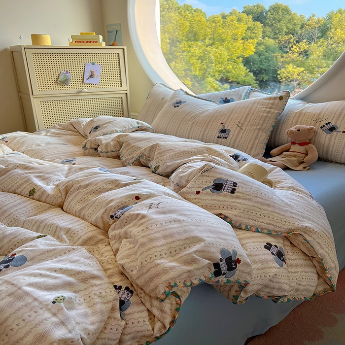 91家纺网 家纺一手货源 找家纺 葡萄家 2025爆款高克重彩色三角针A类针织双层纱四件套 提供买家秀 北鼻象