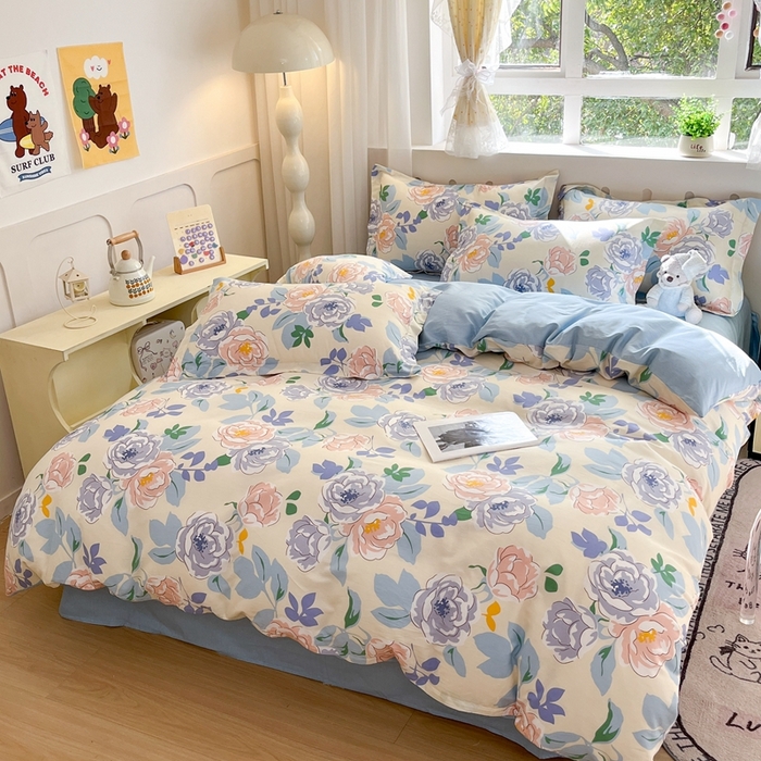 91家纺网 家纺一手货源 找家纺 大吉 2025新款100全棉纯棉喷气小清新被套四件套纯棉三件套床笠四件套单被套单枕套 山茶花开