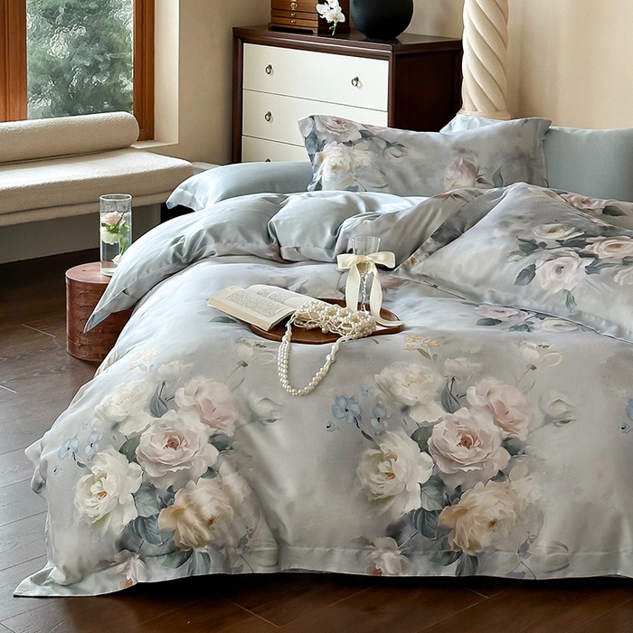 91家纺网 家纺一手货源 找家纺 2025春夏新品数码印花60兰精天丝宽边工艺款四件套 倾城-灰