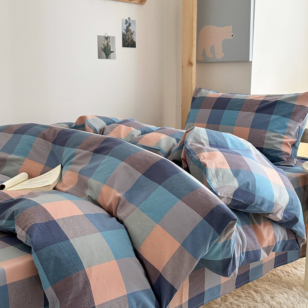 91家纺网 家纺一手货源 找家纺 拔萃 2025新款全棉纯棉色织学生上下铺套件格子纯棉宿舍三件套六件套 彩蓝大格