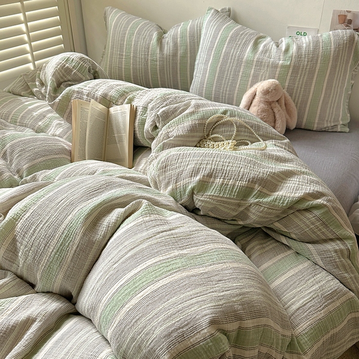 91家纺网 家纺一手货源 找家纺 田野2025新款全棉皱皱纱四件套 时予-灰绿