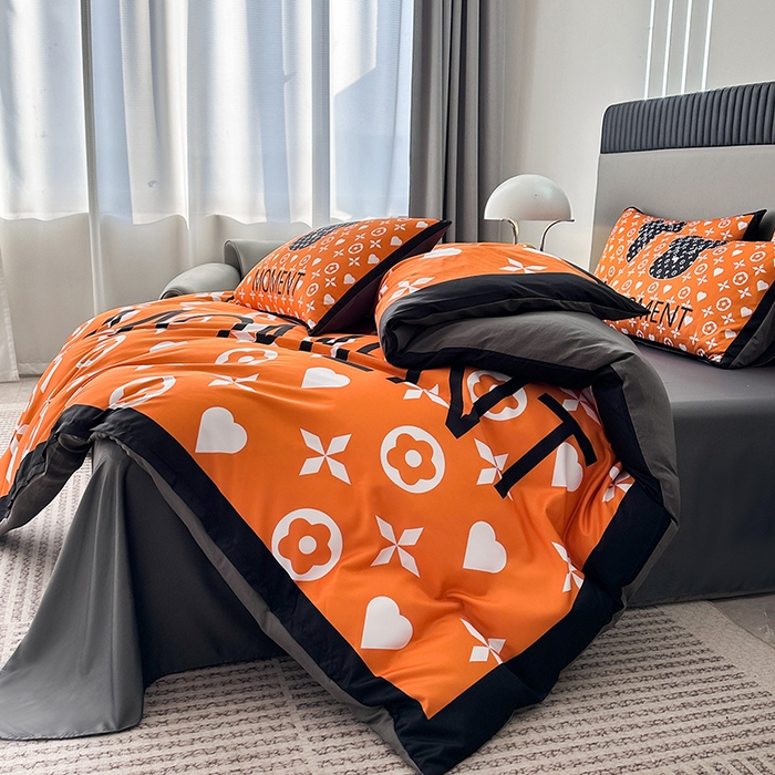 91家纺网 家纺一手货源 找家纺 2025新款水洗真丝数码印花四件套 流体熊-橙