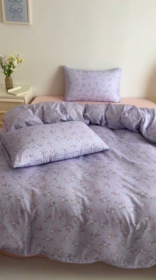 91家纺网 家纺一手货源 找家纺 塞纳 2026新款.全棉有氧双层纱四件套-场景一 汀花里-紫