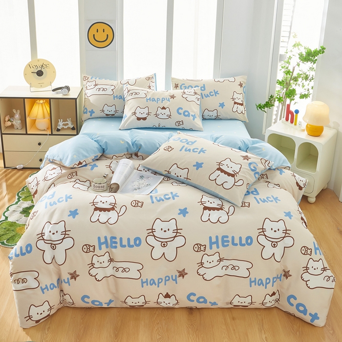 91家纺网 家纺一手货源 找家纺 黛妮雅 2025新款AB版全棉印花单被套床单枕套 幸运猫咪