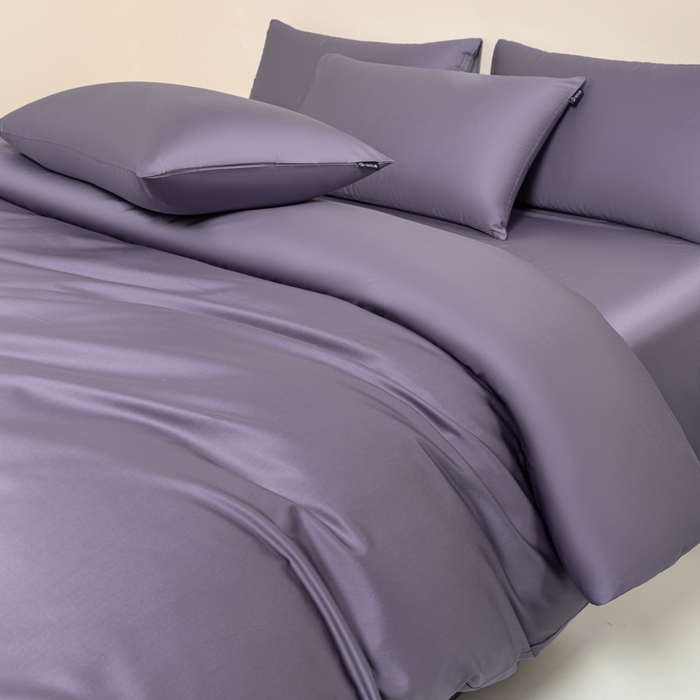 91家纺网 家纺一手货源 找家纺 舒慕家纺 2025新款100s高支贡缎长绒棉纯色四件套双拼四件套（送包装） 香芋紫